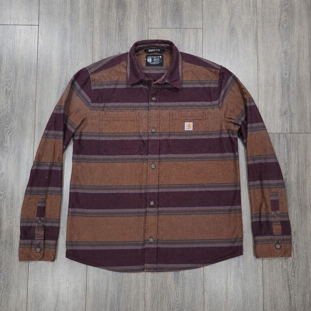 Carhartt Womens XL Rugged Flex Loose Fit Striped Flannel Shirt Brown Burgundy